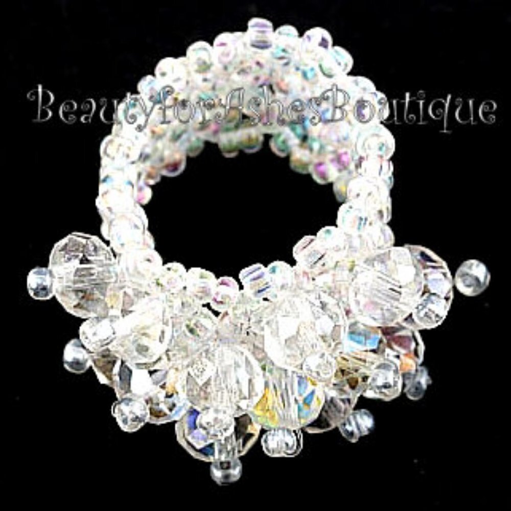 Clear White Aurora Borealis Faceted Crystal Seed Bead One Size Stretch Ring 7-10